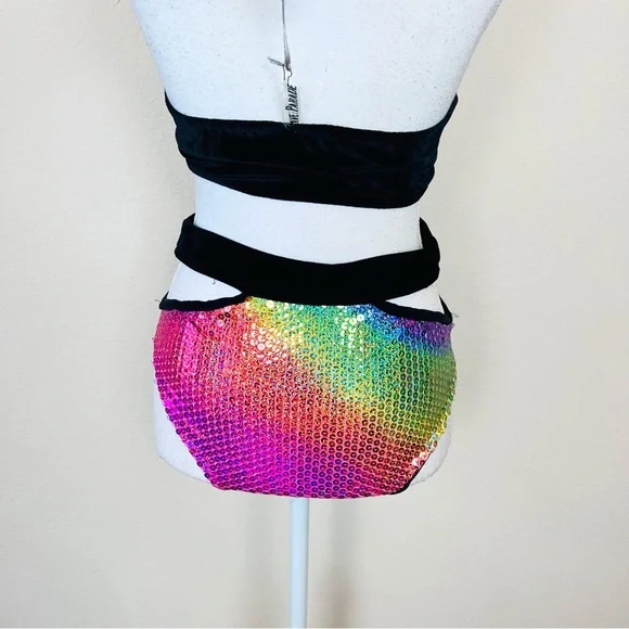 NWT Save The Parade Black Velvet Rainbow Sequin Tie Top